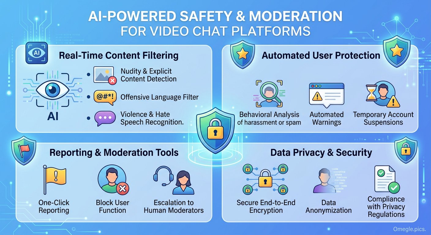 New safety features and AI moderation for video chat platforms infographic